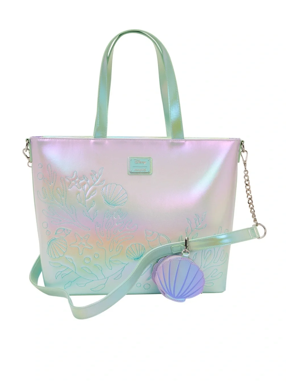 NWT Loungefly Disney Ariel Flounder Sebastian Little Mermaid Iridescent Tote Bag - Picture 4 of 5